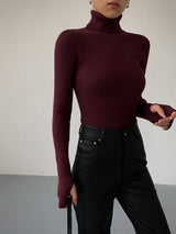 Women's Turtleneck Ribbed Knit Sweater with Thumbhole Cuffs - Cozy & Stylish Pullover
