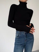 Women's Turtleneck Ribbed Knit Sweater with Thumbhole Cuffs - Cozy & Stylish Pullover