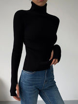 Women's Turtleneck Ribbed Knit Sweater with Thumbhole Cuffs - Cozy & Stylish Pullover