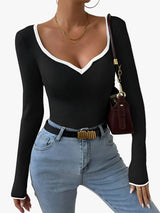 Women's V-Neck Ribbed Knit Sweater with Contrast Trim - Cozy & Stylish Pullover