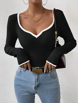 Women's V-Neck Ribbed Knit Sweater with Contrast Trim - Cozy & Stylish Pullover