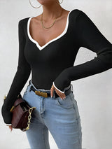 Women's V-Neck Ribbed Knit Sweater with Contrast Trim - Cozy & Stylish Pullover