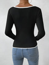 Women's V-Neck Ribbed Knit Sweater with Contrast Trim - Cozy & Stylish Pullover