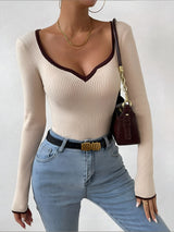 Women's V-Neck Ribbed Knit Sweater with Contrast Trim - Cozy & Stylish Pullover