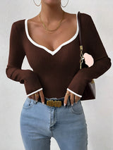 Women's V-Neck Ribbed Knit Sweater with Contrast Trim - Cozy & Stylish Pullover