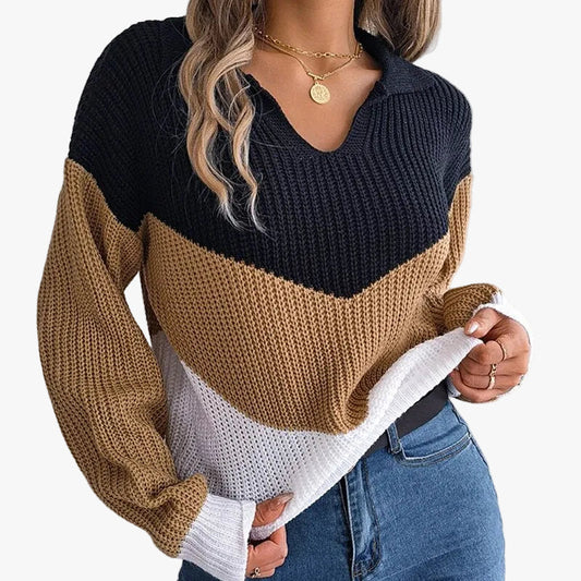 Women's V-Neck Ribbed Knit Sweater with Chevron Pattern - Cozy & Stylish Pullover for Fall/Winter Fashion