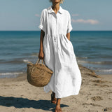 Women's Linen Maxi Shirt Dress – Pintuck Detail, Gathered Waist & Pockets