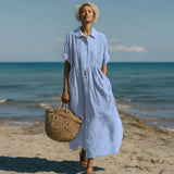 Women's Linen Maxi Shirt Dress – Pintuck Detail, Gathered Waist & Pockets