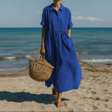 Women's Linen Maxi Shirt Dress – Pintuck Detail, Gathered Waist & Pockets