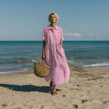 Women's Linen Maxi Shirt Dress – Pintuck Detail, Gathered Waist & Pockets