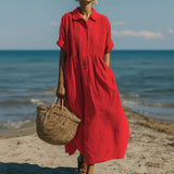 Women's Linen Maxi Shirt Dress – Pintuck Detail, Gathered Waist & Pockets