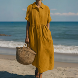 Women's Linen Maxi Shirt Dress – Pintuck Detail, Gathered Waist & Pockets