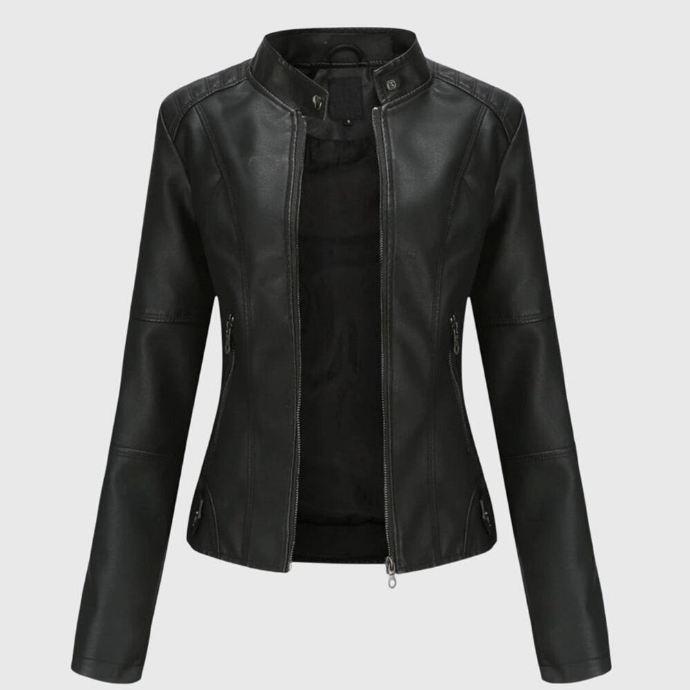 Mia | Women's Slim-Fit Faux Leather Moto Coat Stand-Collar Zip-Up Jacket