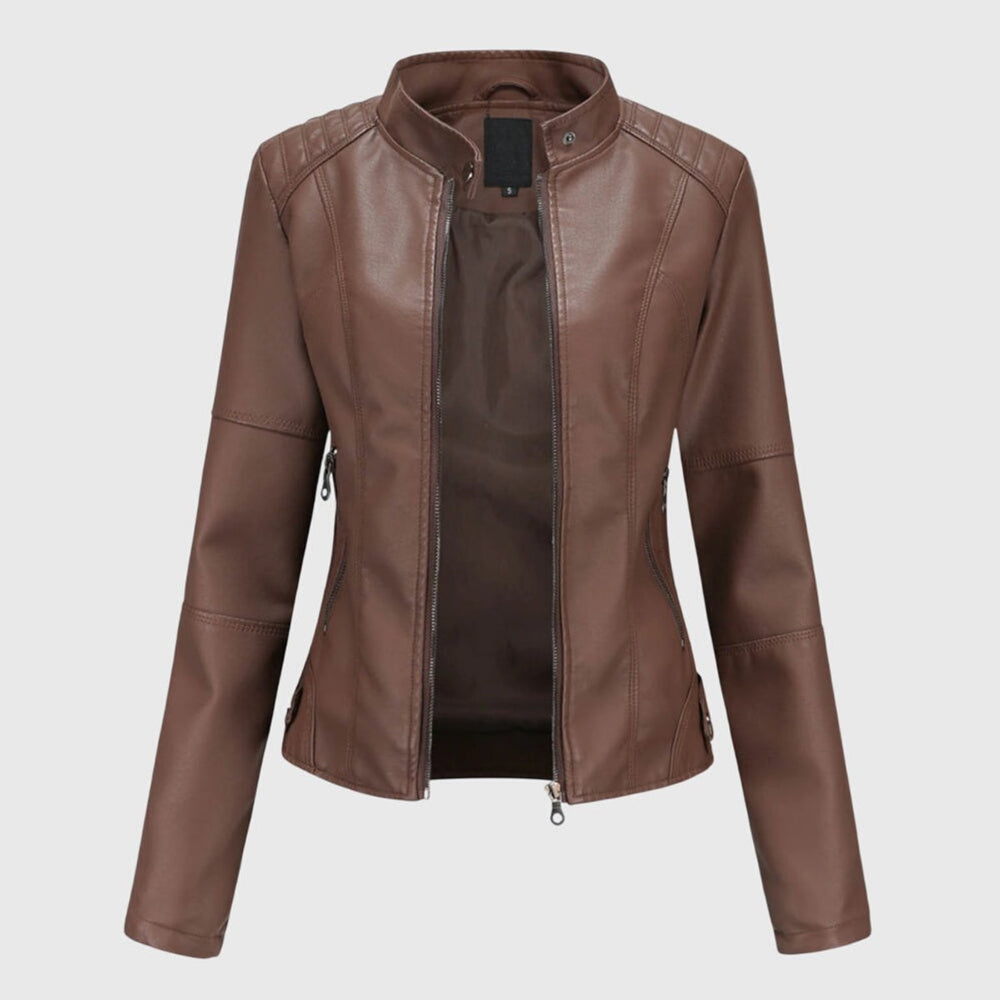 Mia | Women's Slim-Fit Faux Leather Moto Coat Stand-Collar Zip-Up Jacket