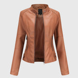 Mia | Women's Slim-Fit Faux Leather Moto Coat Stand-Collar Zip-Up Jacket