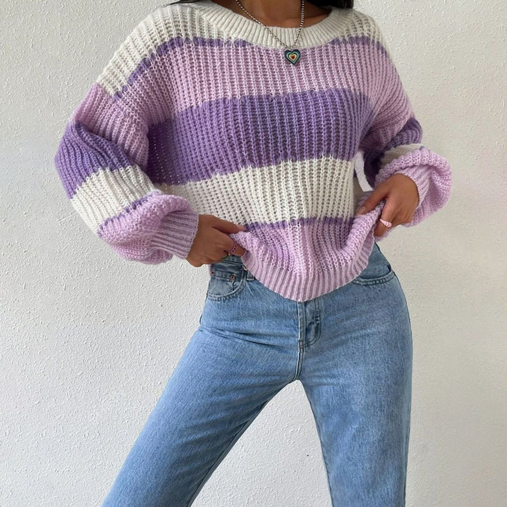 Grace | Women's Striped Relaxed-Fit Crew-Neck Knit Pullover Sweater