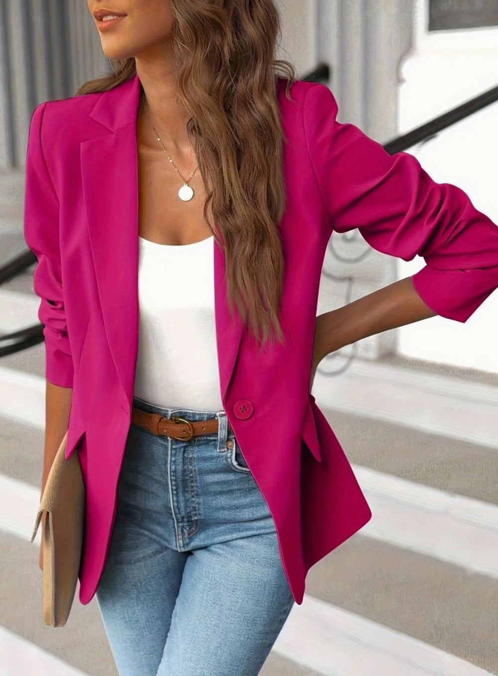 Luna | Women's Tailored Single-Button Casual Blazer Ruched Sleeves - 5