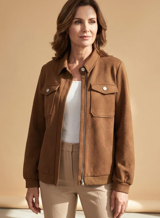Layla | Women's Textured Zip-Up Long-Sleeve Bomber Jacket Chest Pockets