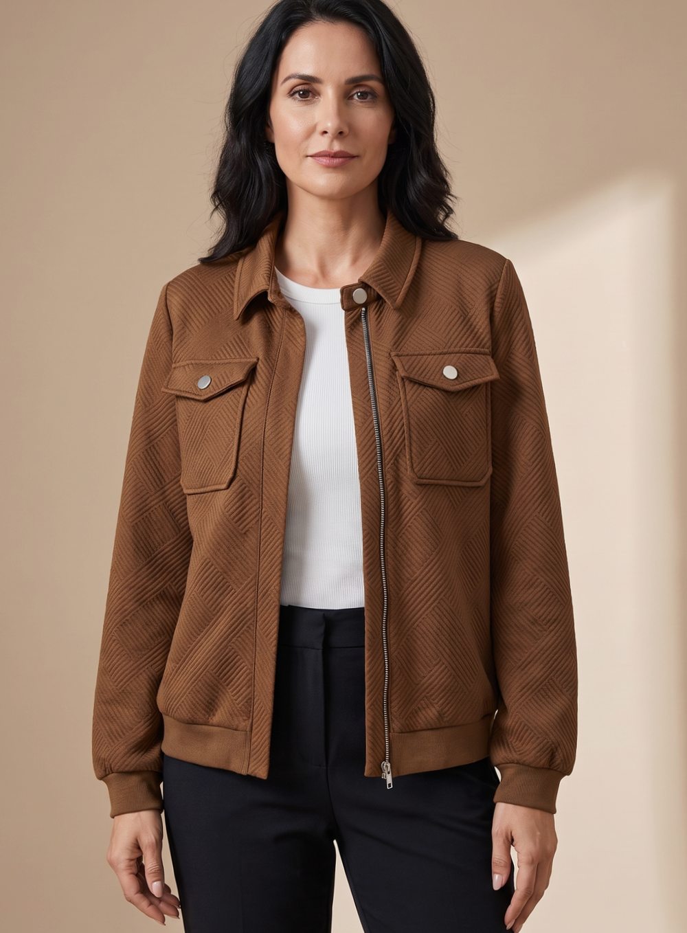 Layla | Women's Textured Zip-Up Long-Sleeve Bomber Jacket Chest Pockets