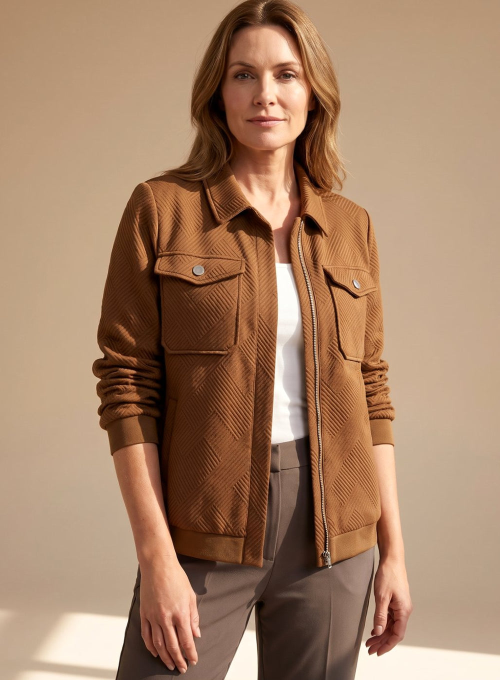 Layla | Women's Textured Zip-Up Long-Sleeve Bomber Jacket Chest Pockets