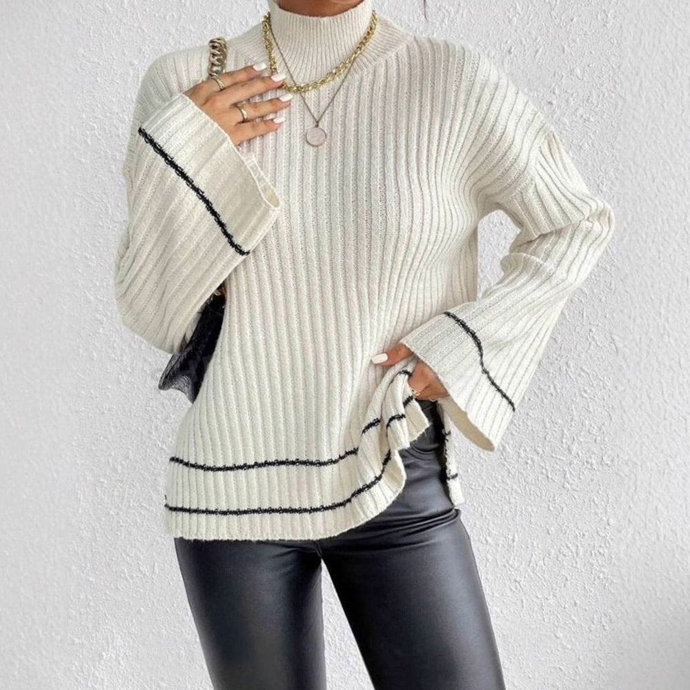 Emma | Women's Turtleneck Ribbed Knit Sweater Flare Sleeve Striped-Trim Pullover