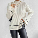Emma | Women's Turtleneck Ribbed Knit Sweater Flare Sleeve Striped-Trim Pullover