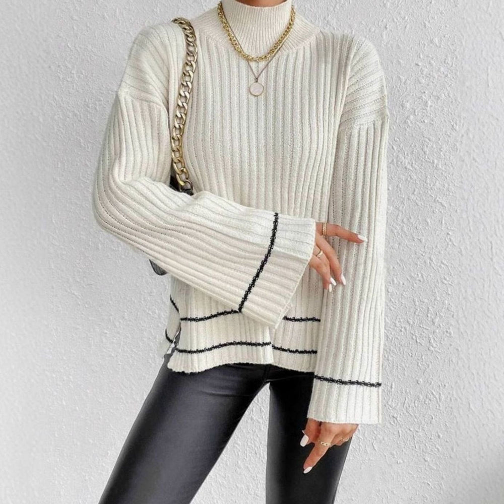 Emma | Women's Turtleneck Ribbed Knit Sweater Flare Sleeve Striped-Trim Pullover - 2