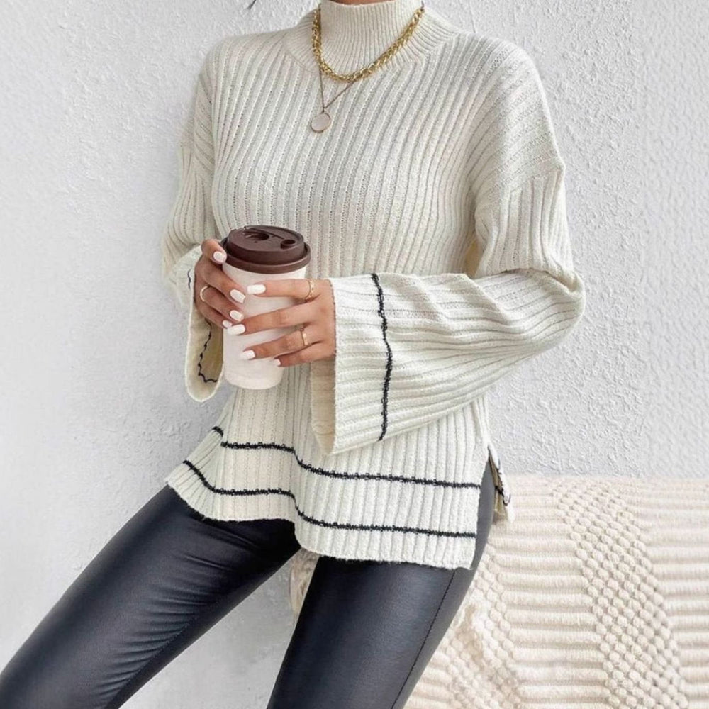 Emma | Women's Turtleneck Ribbed Knit Sweater Flare Sleeve Striped-Trim Pullover - 3