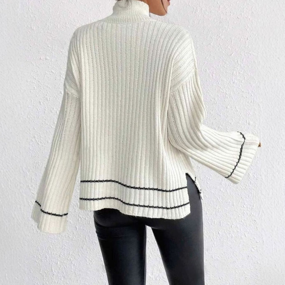 Emma | Women's Turtleneck Ribbed Knit Sweater Flare Sleeve Striped-Trim Pullover - 4