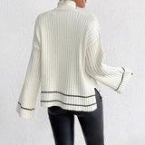 Emma | Women's Turtleneck Ribbed Knit Sweater Flare Sleeve Striped-Trim Pullover - 4