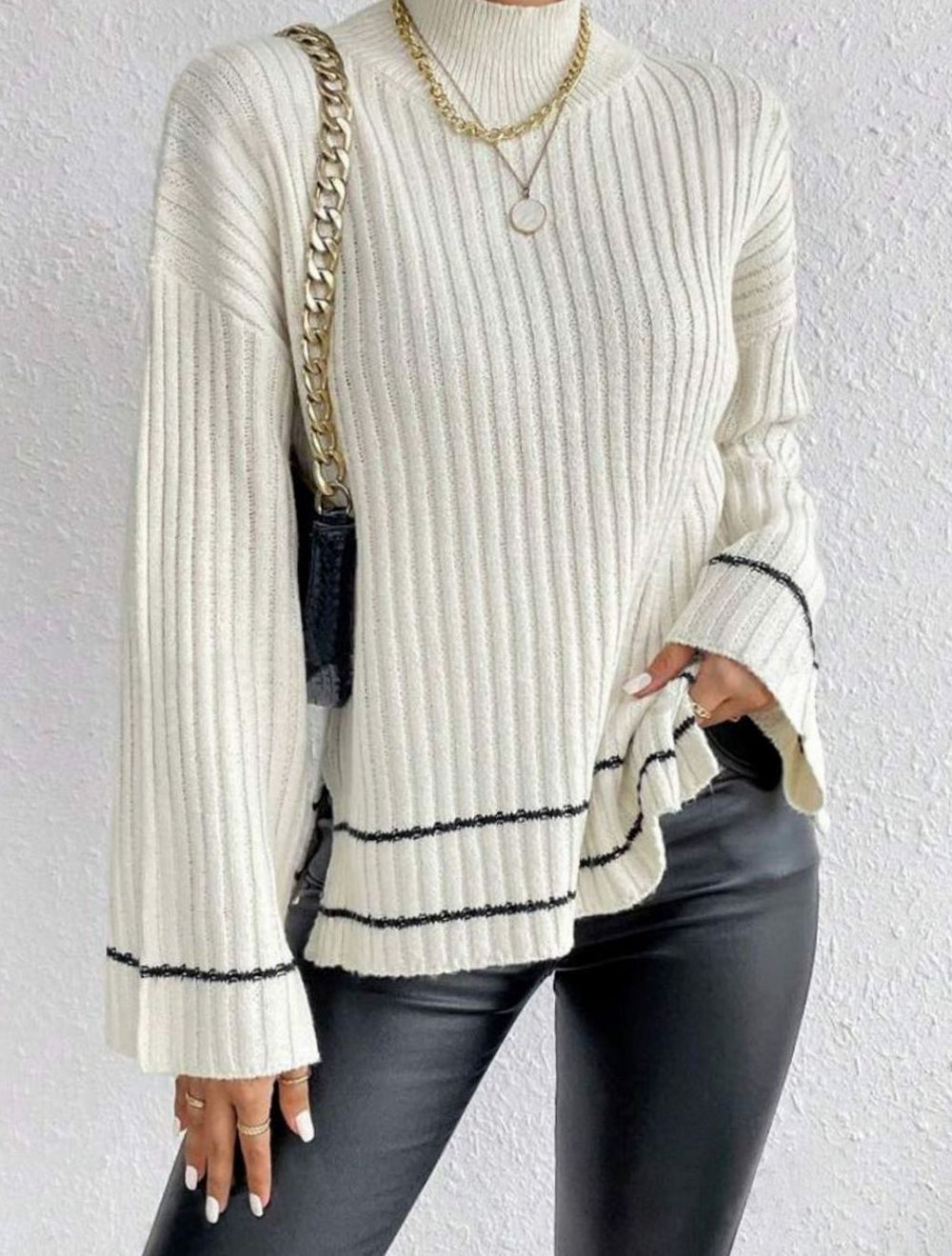 Emma | Women's Turtleneck Ribbed Knit Sweater Flare Sleeve Striped-Trim Pullover - 5