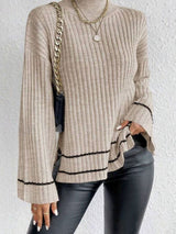 Emma | Women's Turtleneck Ribbed Knit Sweater Flare Sleeve Striped-Trim Pullover - 6