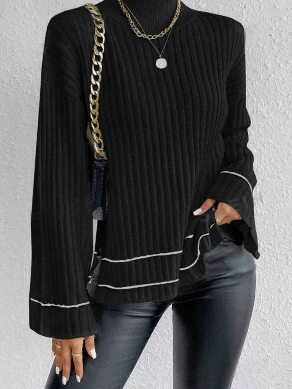 Emma | Women's Turtleneck Ribbed Knit Sweater Flare Sleeve Striped-Trim Pullover - 7