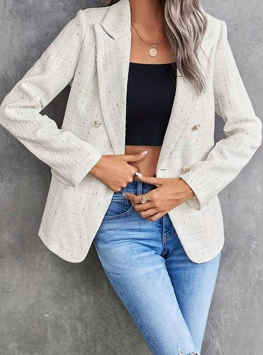 Isabella | Women's Tweed Double-Breasted Blazer Structured Long-Sleeve Jacket - 3