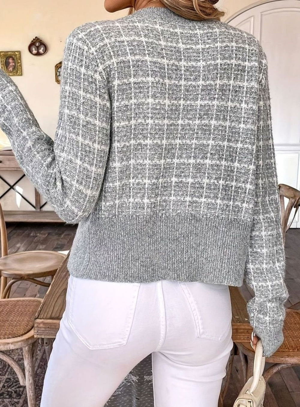 Aria | Women's Tweed-Style Button-Front Cropped Knit Cardigan - 7
