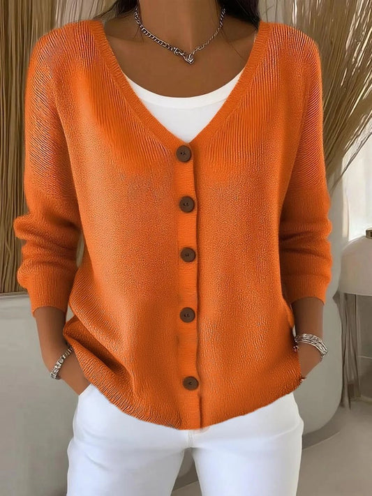 Women's V-Neck Knit Sweater – Button Front & Long Sleeve