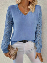 Amelia | Women's V-Neck Hollow-Sleeve Pullover Knit Sweater