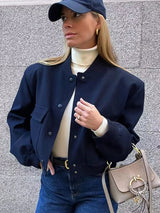 Stylish Women's Woven Bomber Jacket - Snap Front Closure & Ribbed Trim for a Trendy Look