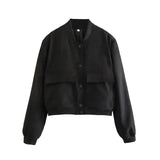 Stylish Women's Woven Bomber Jacket - Snap Front Closure & Ribbed Trim for a Trendy Look