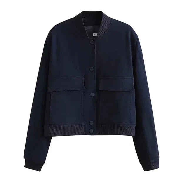 Stylish Women's Woven Bomber Jacket - Snap Front Closure & Ribbed Trim for a Trendy Look