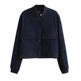 Stylish Women's Woven Bomber Jacket - Snap Front Closure & Ribbed Trim for a Trendy Look