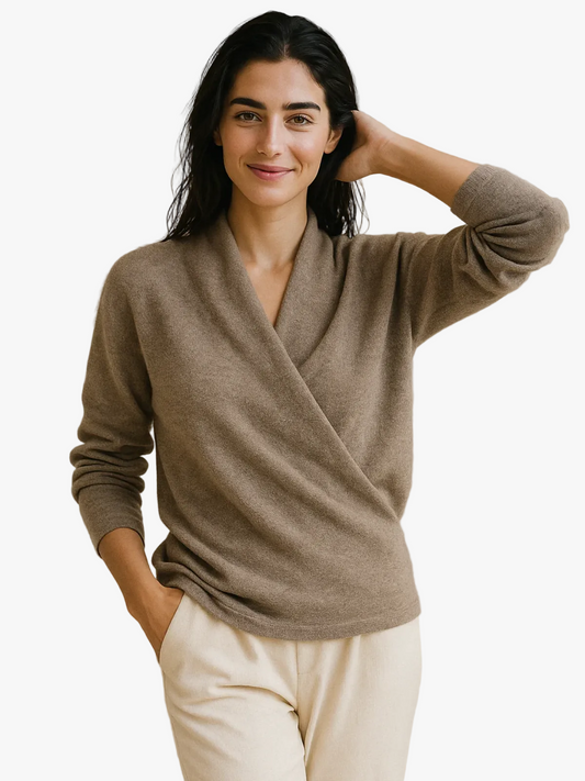 Women's V-Neck Knit Wrap Sweater with Ribbed Hem - Cozy & Stylish Knitwear