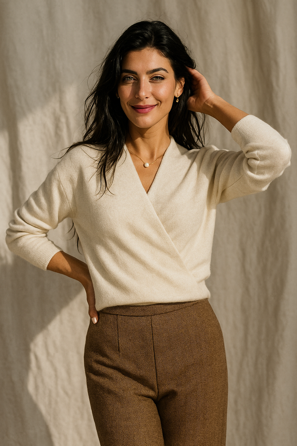 Women's V-Neck Knit Wrap Sweater with Ribbed Hem - Cozy & Stylish Knitwear