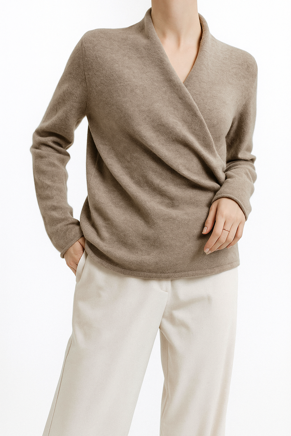 Women's V-Neck Knit Wrap Sweater with Ribbed Hem - Cozy & Stylish Knitwear