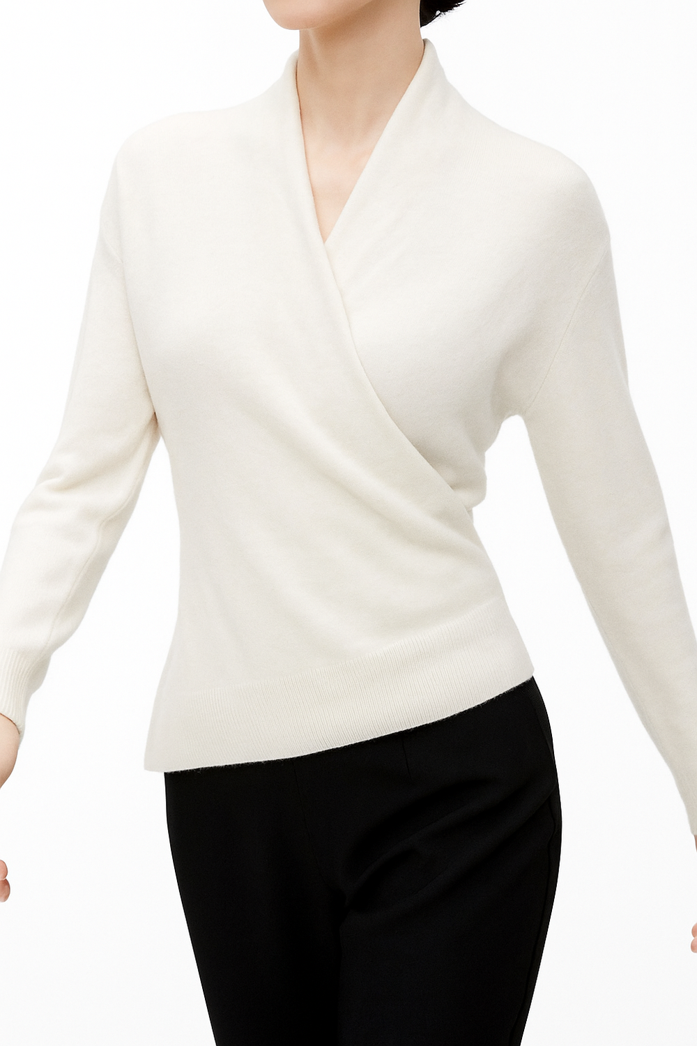 Women's V-Neck Knit Wrap Sweater with Ribbed Hem - Cozy & Stylish Knitwear
