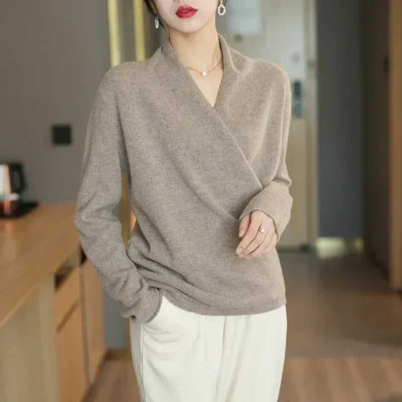 Women's V-Neck Knit Wrap Sweater with Ribbed Hem - Cozy & Stylish Knitwear
