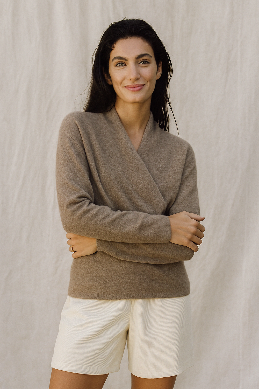 Women's V-Neck Knit Wrap Sweater with Ribbed Hem - Cozy & Stylish Knitwear