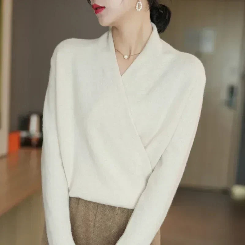 Women's V-Neck Knit Wrap Sweater with Ribbed Hem - Cozy & Stylish Knitwear