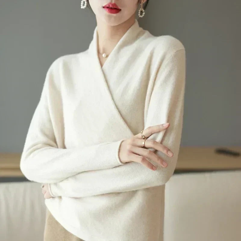 Women's V-Neck Knit Wrap Sweater with Ribbed Hem - Cozy & Stylish Knitwear