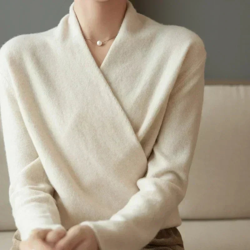 Women's V-Neck Knit Wrap Sweater with Ribbed Hem - Cozy & Stylish Knitwear